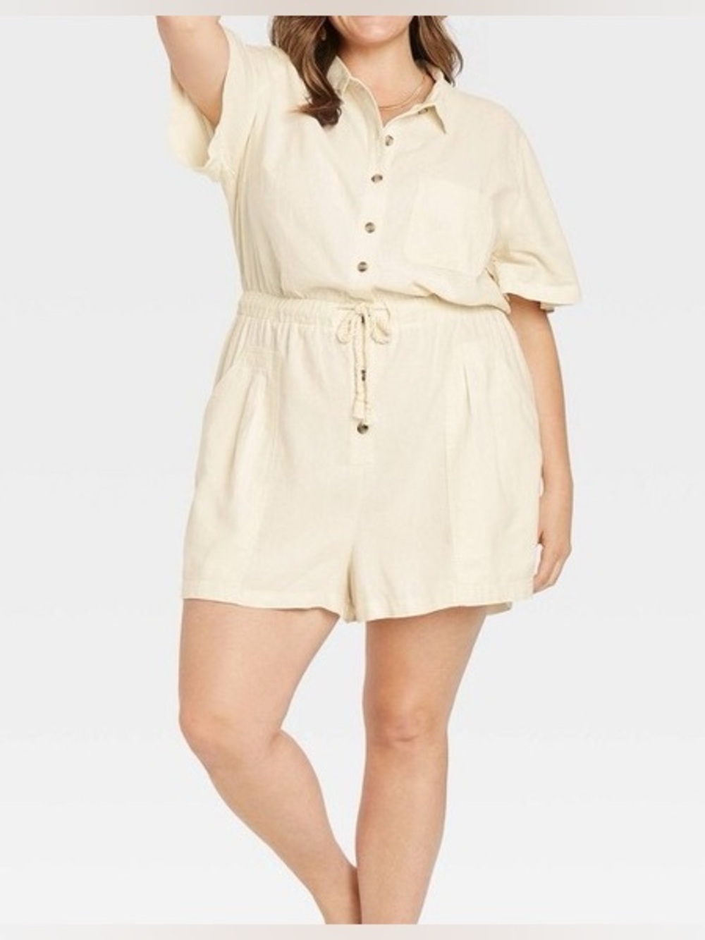 Universal Thread Cream Short Sleeve Boilersuit Utility Romper Button-Up Shorts